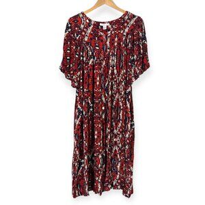 Go Softly Patio Women’s 2X Boho Midi Dress Red Blue Floral Rayon Short Sleeve
